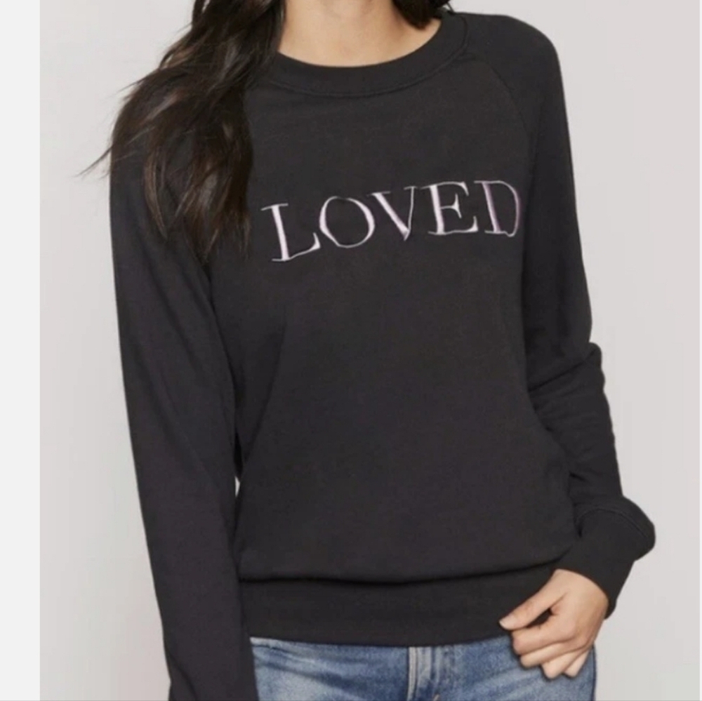 Spiritual Gangster Black Raglan Long Sleeve Crew Neck "Loved" Embroidery - XS